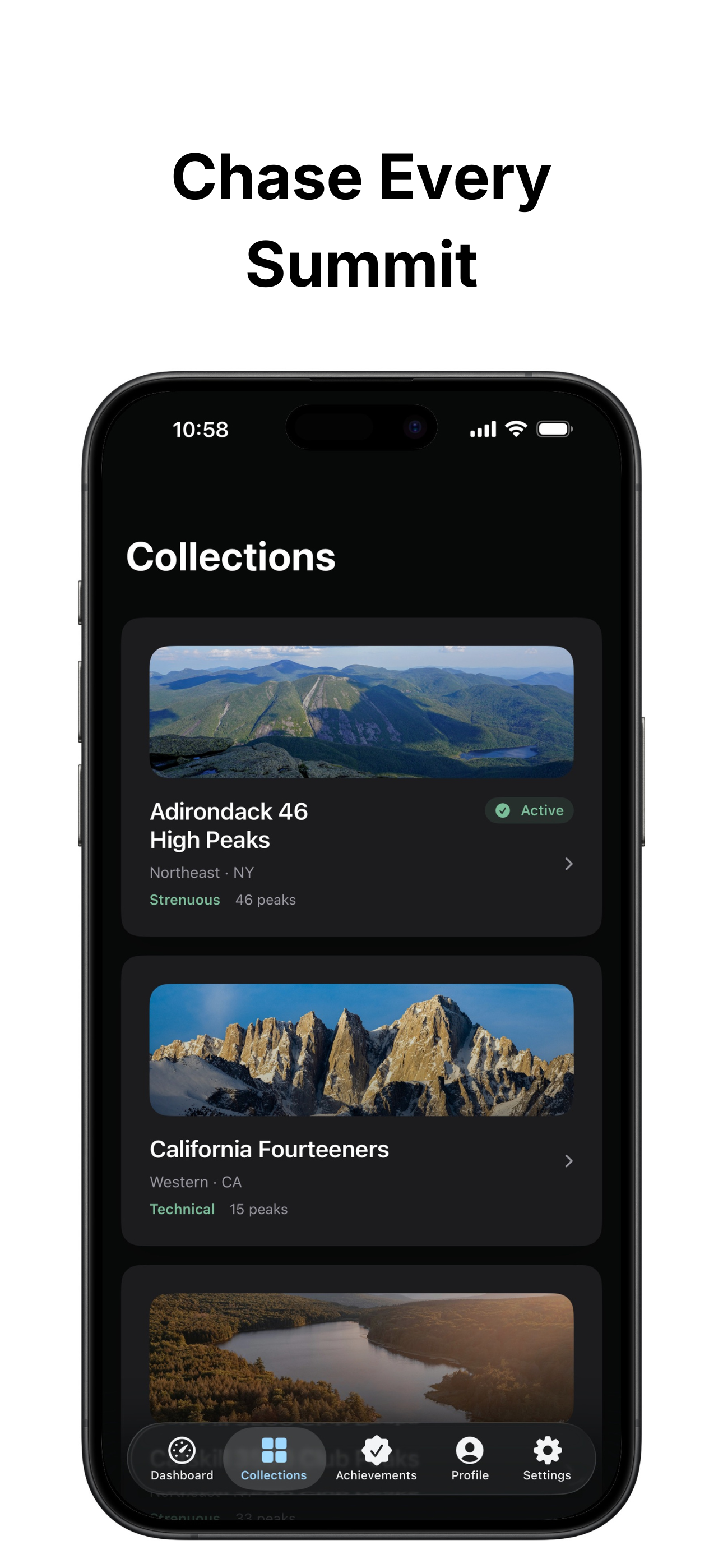 Peak Passport Collections screen showing hiking challenges from several regions