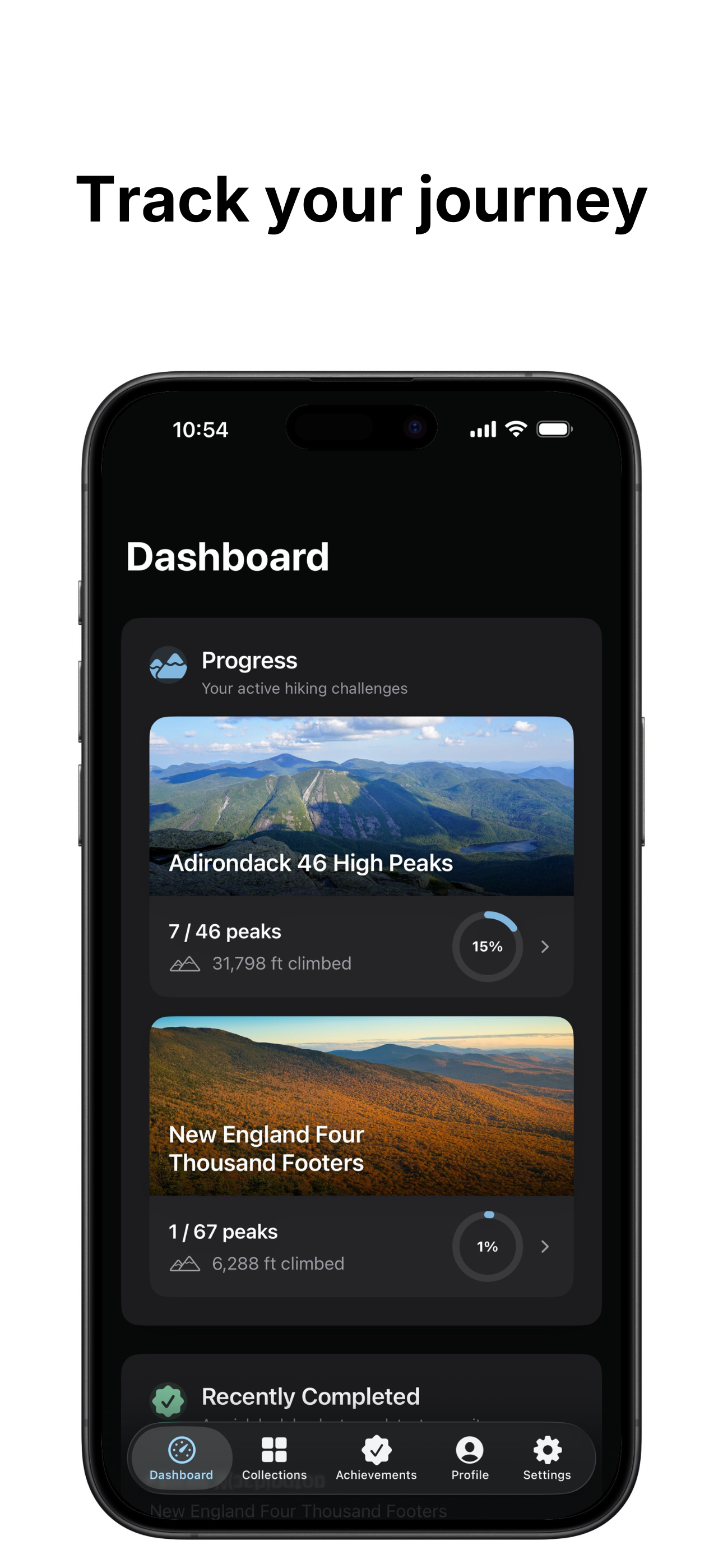Peak Passport Dashboard showing progress across active hiking collections