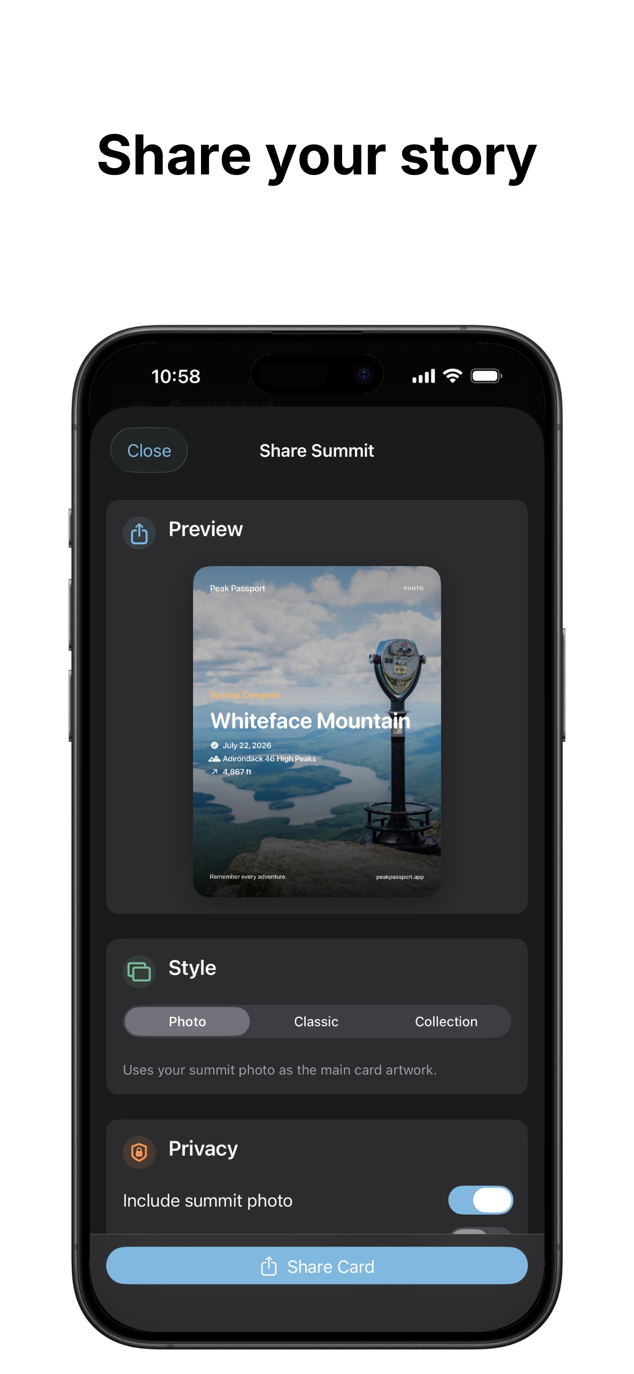 Peak Passport Share Summit screen previewing a completed Whiteface Mountain hike
