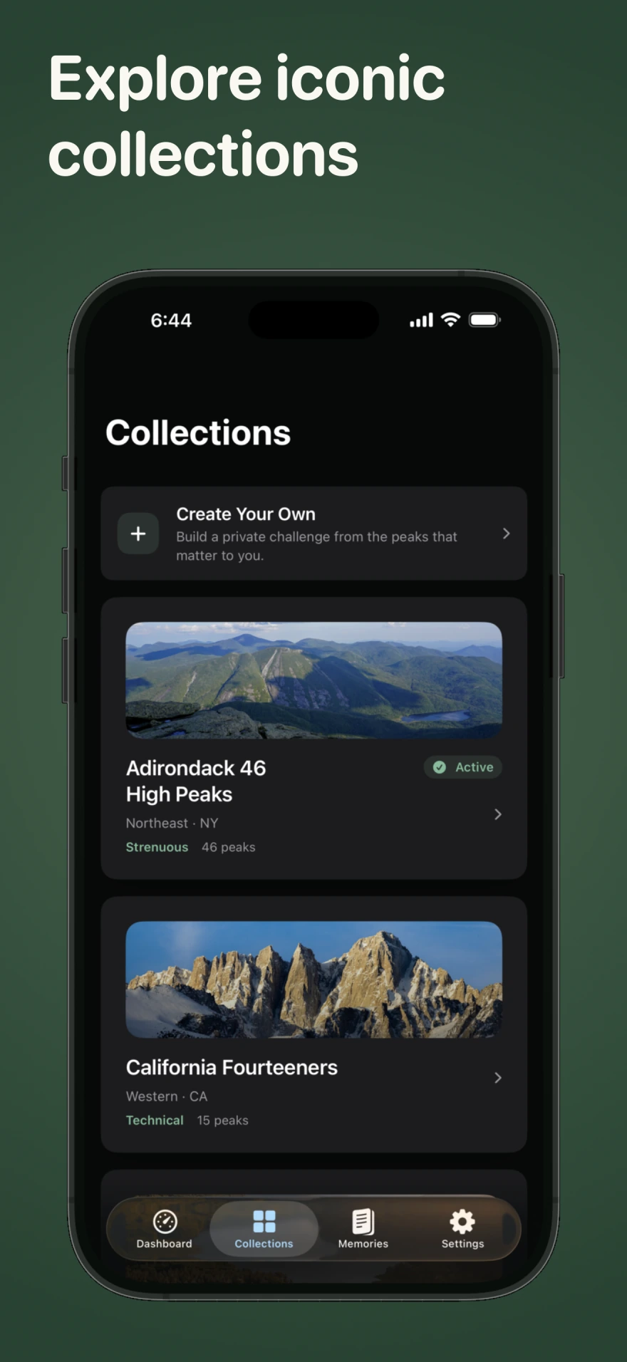Peak Passport Collections catalog with official challenges and custom collection creation