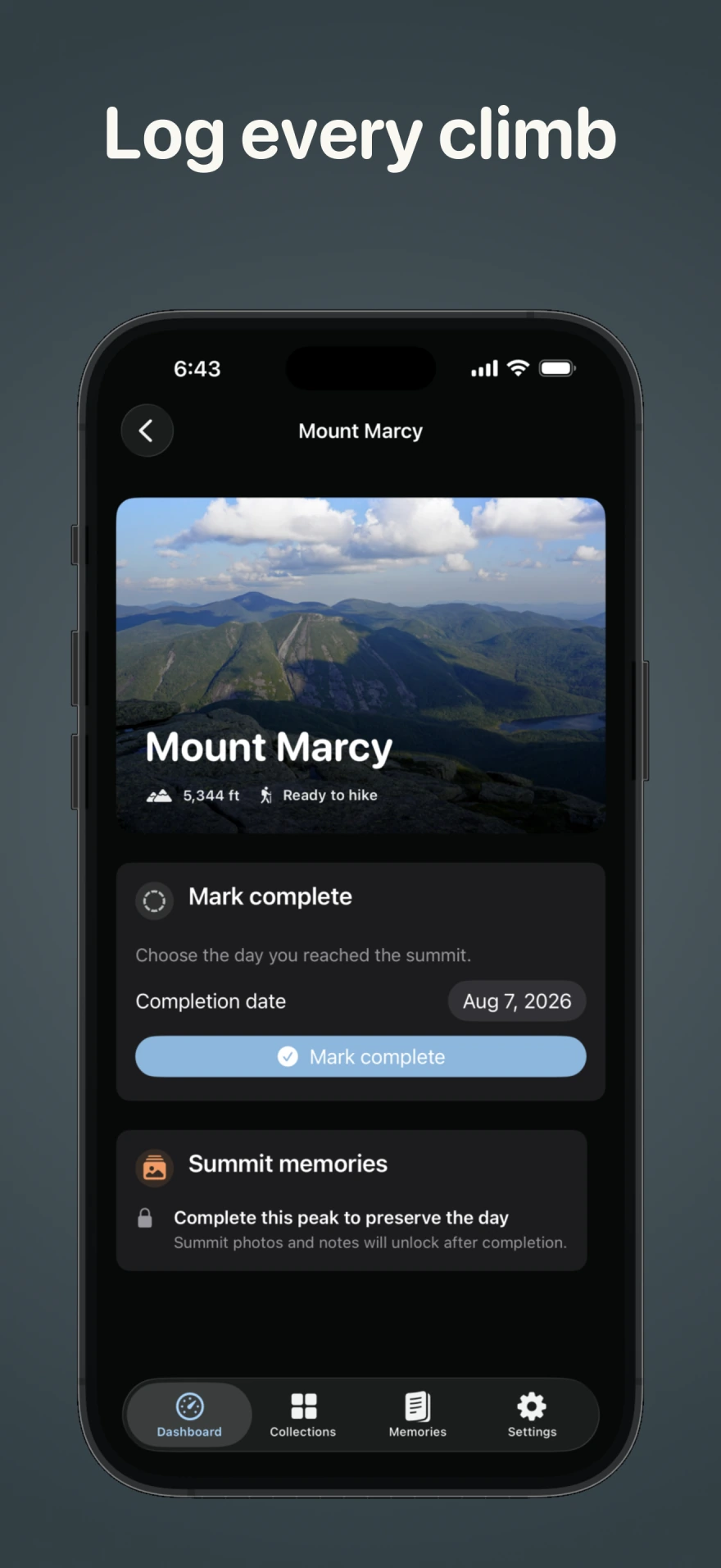 Mount Marcy peak detail with completion date and summit memory controls