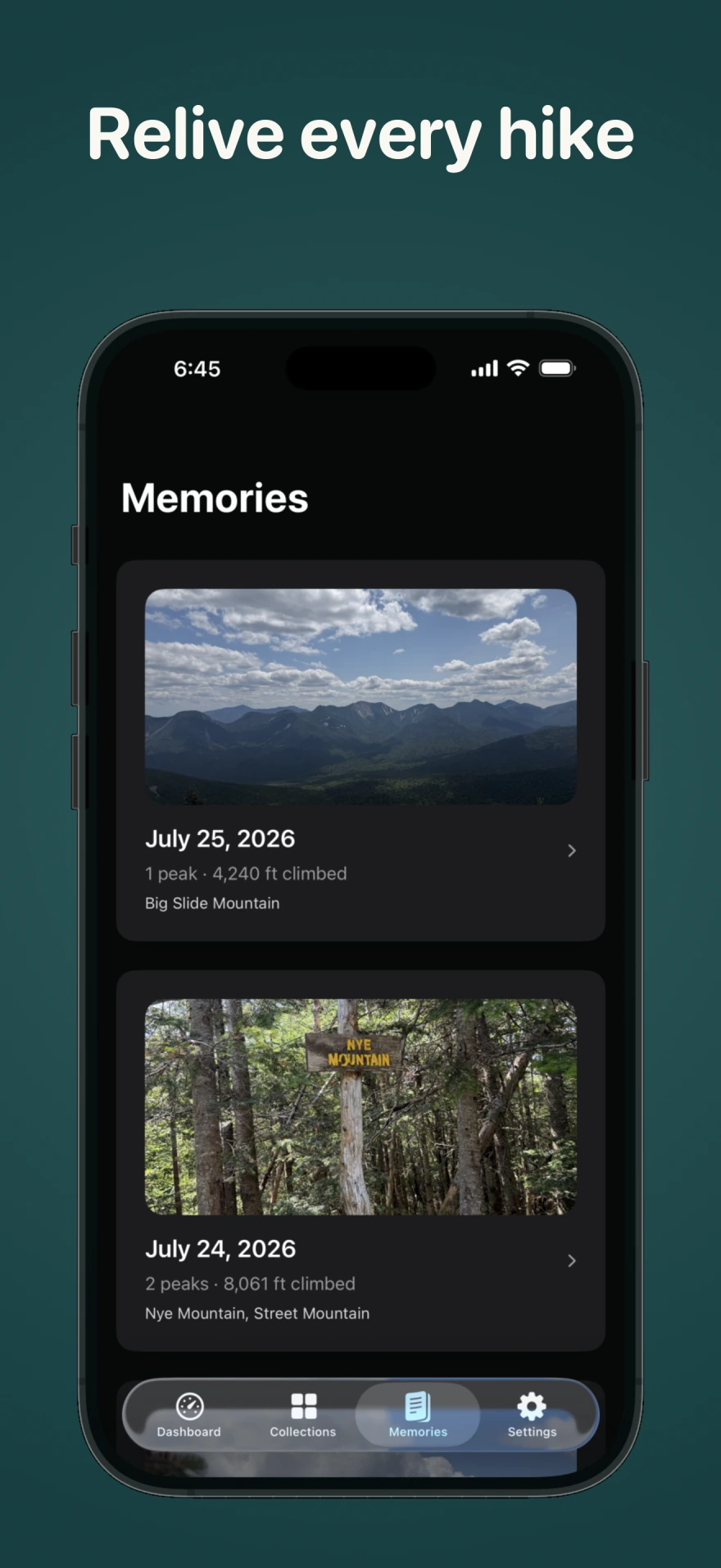 Peak Passport Memories timeline showing completed hiking days and summit photos