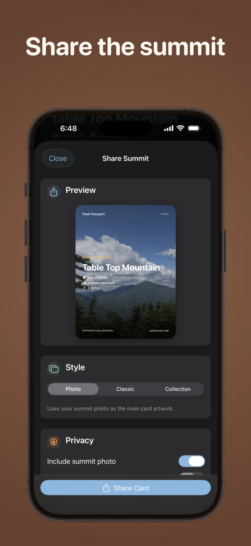 Peak Passport Share Summit screen with memory preview, style, and privacy controls